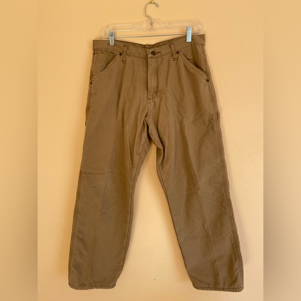 Mens Wrangler Fleece Lined Carpenter Pants Khaki Canvas Insulated, Size 32x30